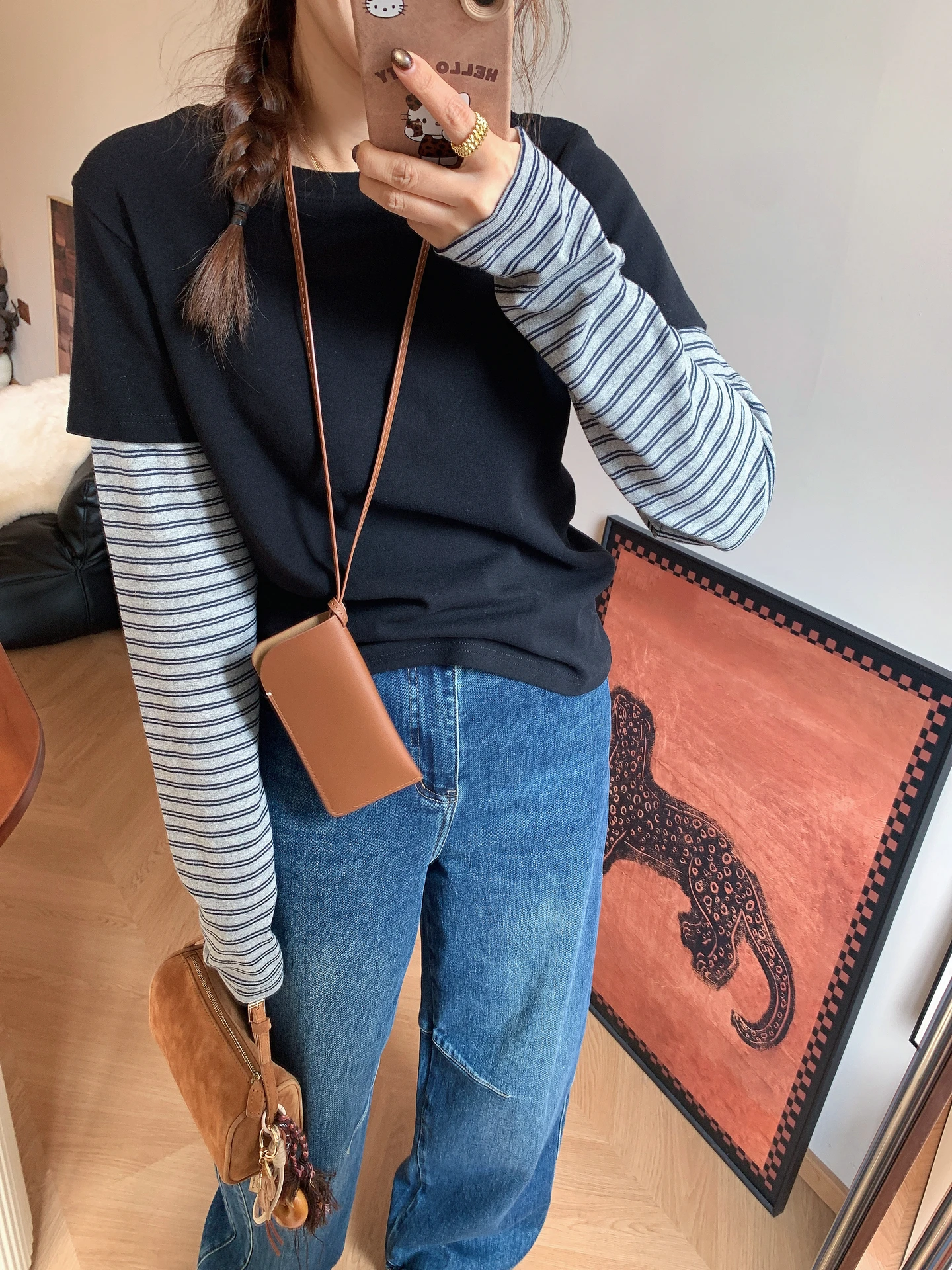 

Корейская женская футболка с длинным рукавом, в полоску, с круглым вырезом, облегающая, осенняя коллекция 2025, дизайнерская модель