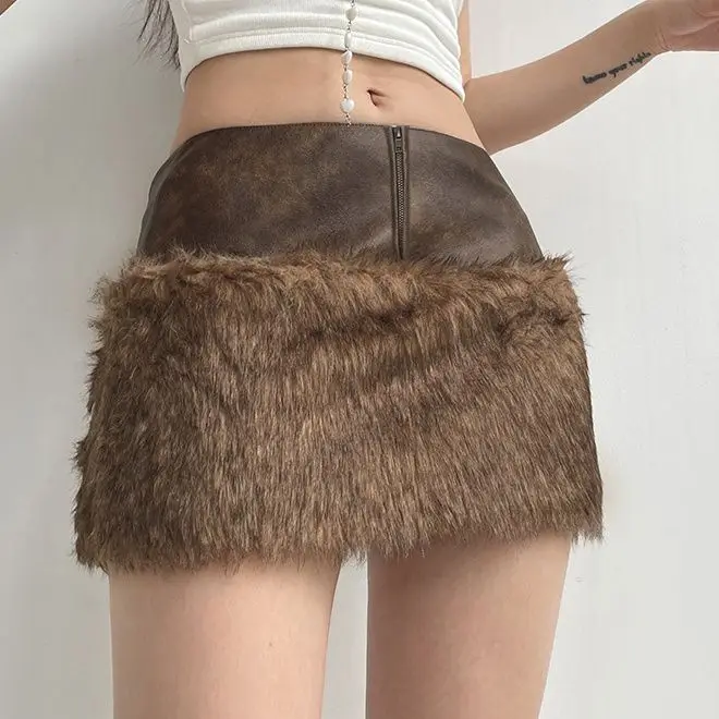 Vintage Splicing Plush Zipper Leather Skirt Women's Fashion Slim Sexy Short Skir Y2K Low Waist Skinny Mini Leather Skirt