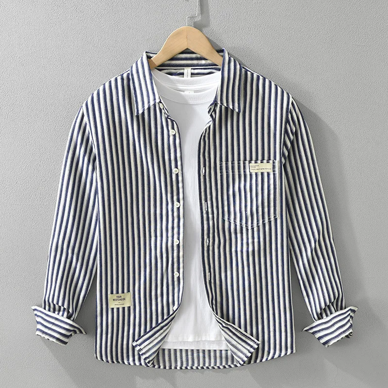 

Handsome Vertical Striped Shirts for Men Autumn Fall Long Sleeve Cityboys Blouses Japan Fashion 24ss Y2K Youth Male Loose Coats