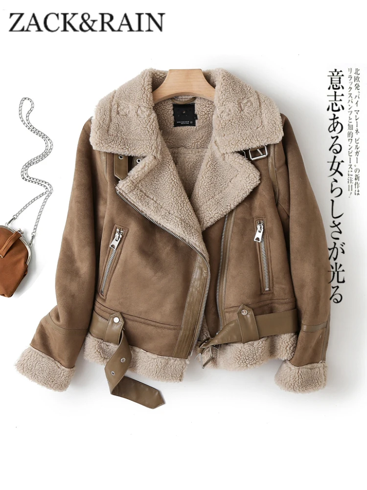 ZACK RAIN Brown Jacket For Women 2023 Winter Vintage Fur Integrated Jacket Lapel Long Sleeves Jackets Female Outwears Chic