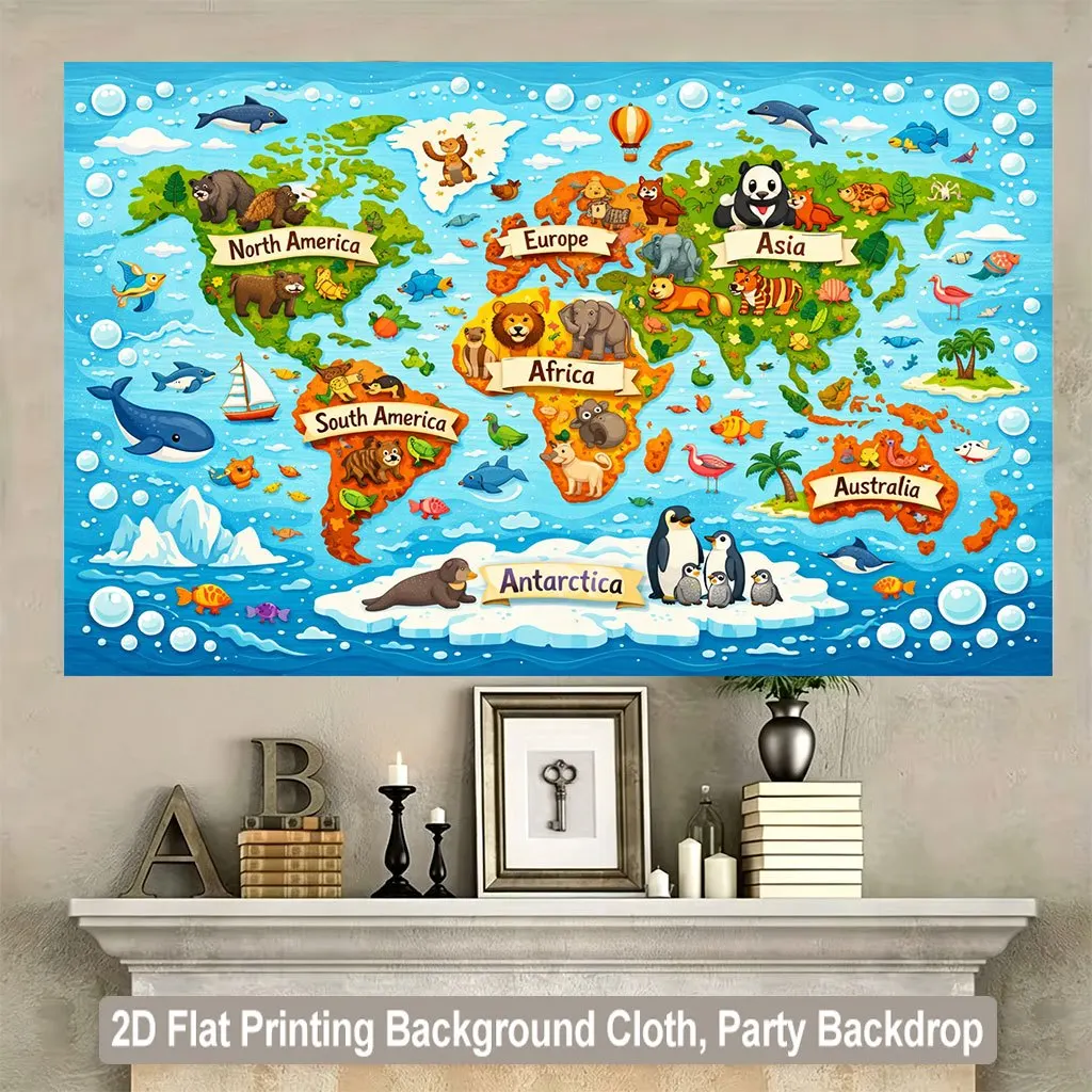 Cute Animal World Map Tapestry, Kids Educational Geography Wall Hanging, Cartoon Continent Decor For Nursery Playroom Bedroom