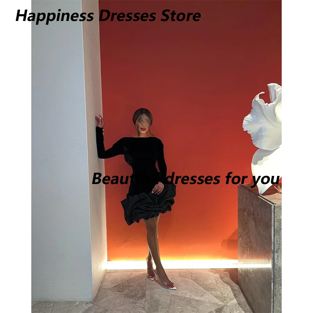 Black Short Prom Dress Customized Long Sleeve Mini Pleat A Line Evening Dress Tassel Opne Back Cocktail Party Dress Custom Color