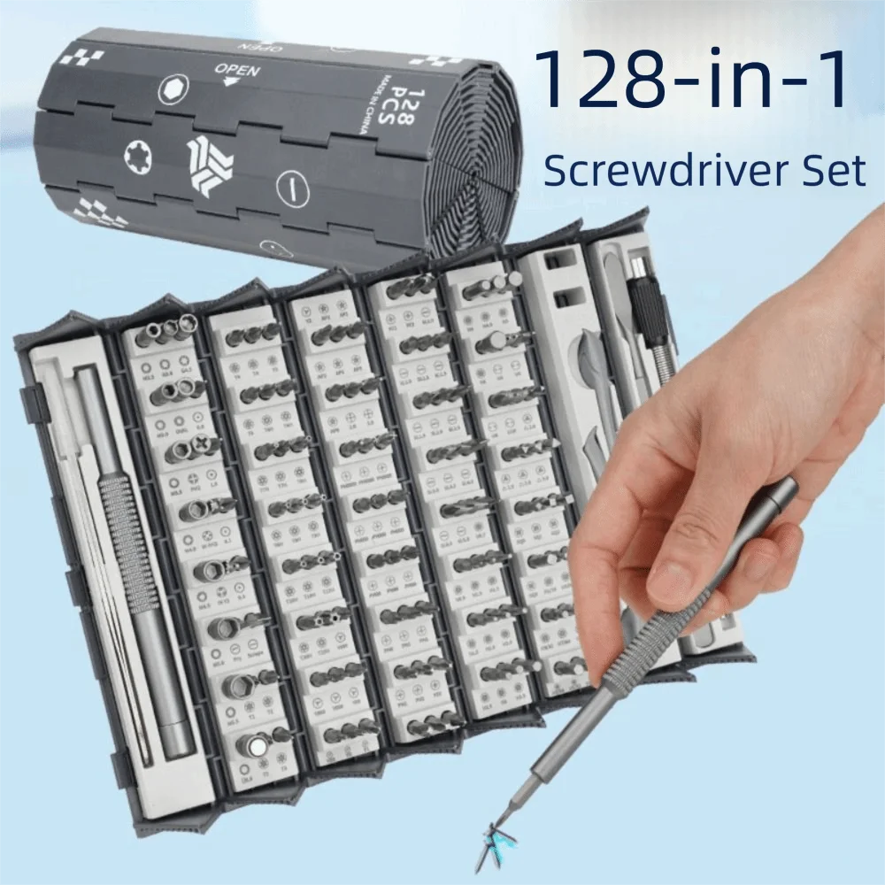 

Hexagonal Shaped 128-Piece Screwdriver Set Magnetic Bits Portable Case Precision Screwdriver Set Durable Design Phillips Torx