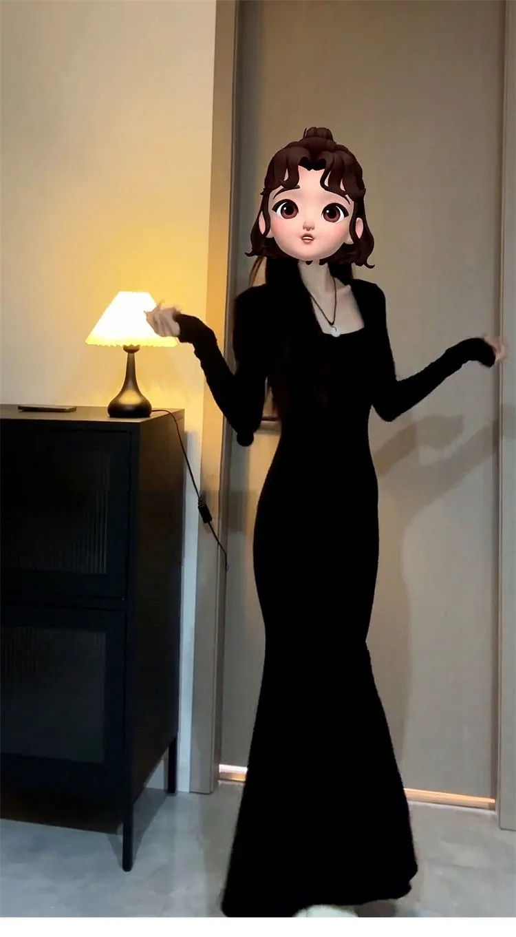 High-end gola quadrada lápis maxi vestido de manga cheia luxo rainha-chique preto bodycon sereia vestido de malha para 2025 aw luxo camadas