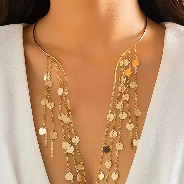 Seksowny gotycki długi frędzel cekinowy wisiorek z imitacji pereł otwarte momenty Choker naszyjnik dla kobiet Vintage łańcuszek na klatkę piersiową śr akcesoria