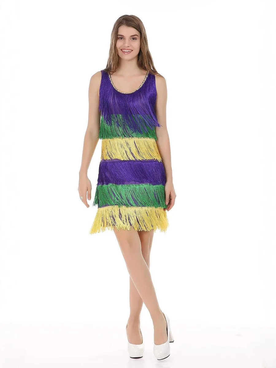 Sukienka na karnawał Mardi Gras z frędzlami, patchworkowa, z blokami kolorów, kolorowa sukienka midi w stylu boho na imprezę, festiwalowa sukienka z frędzlami.