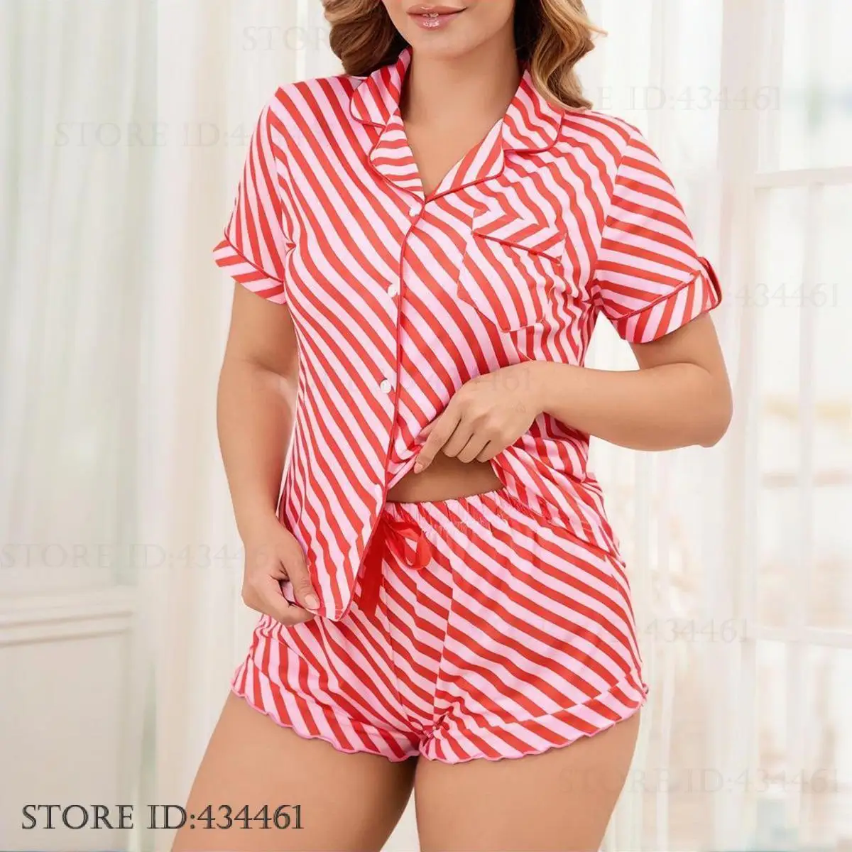 

Новый летний женский пижамный комплект с красными полосками: шорты и футболка с коротким рукавом. Свободный повседневный домашний костюм для сна и отдыха.