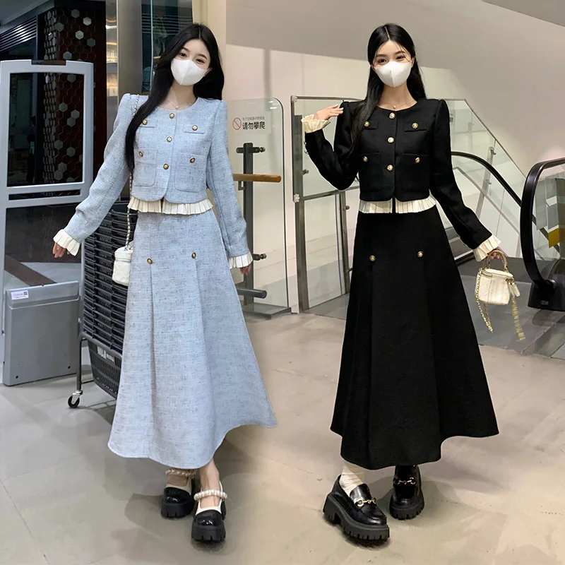 Plus Size Women's Wear Curvy Autumn New 2024 Fashionable Blue Elegant Suit and Skirt Two-piece Trendy Setfemale Office Lady Set