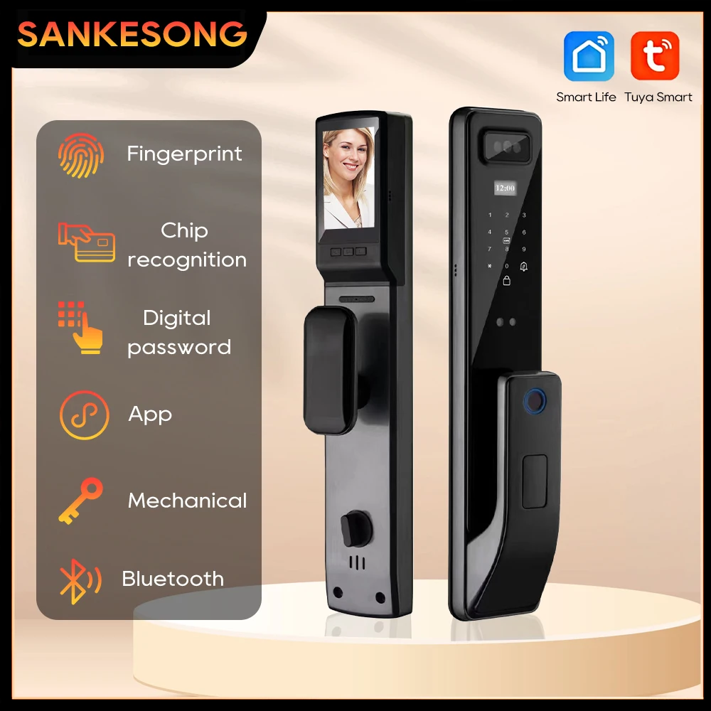 SANKESONG Tuya 3D Face Recognition Smart Lock with Screen Biometric Fingerprint Electronic Digital Lock APP IC Card Home Lock