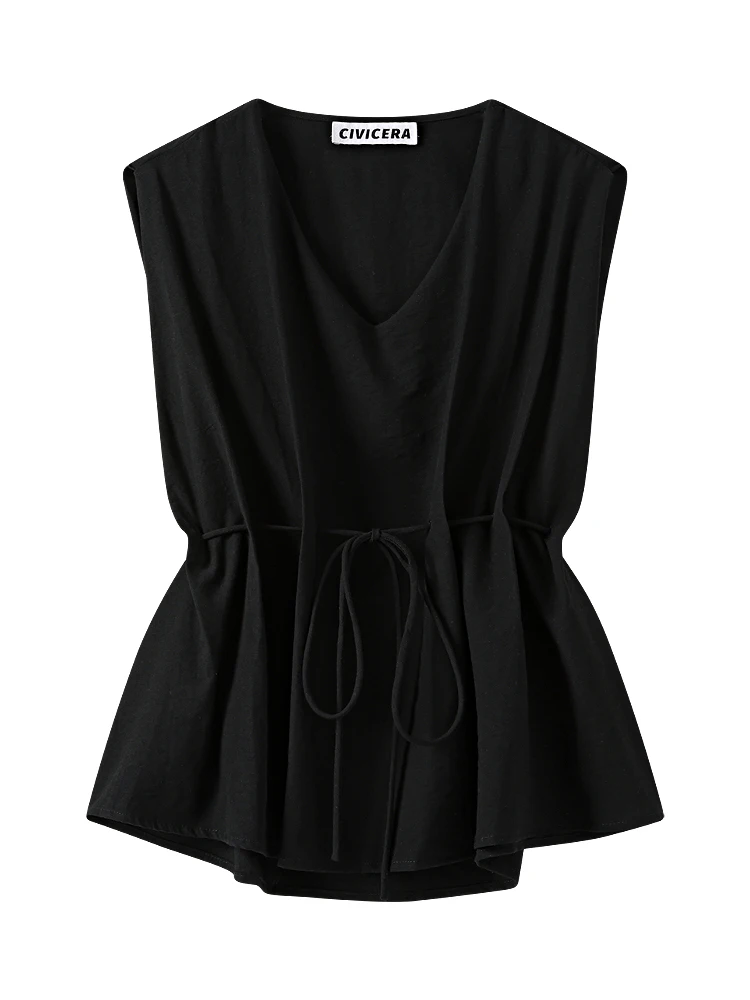 

Женский топ больших размеров с V-образным вырезом и завязками на талии, летний, модный, универсальный, премиум-класса, в корейском стиле, свободного кроя