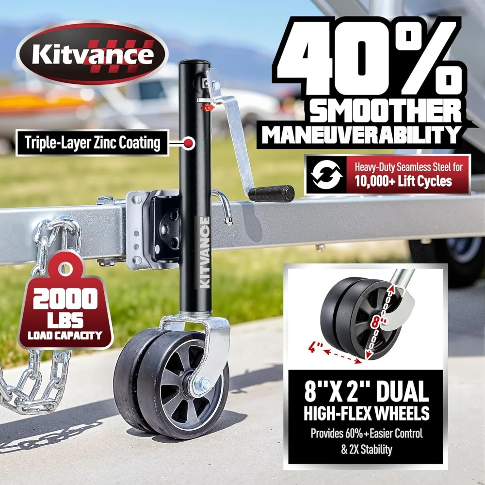 

Домкрат для прицепа для лодок 2000 фунтов с двойными колесами 8 дюймов, эргономичная ручка для языков 2,4–5,5 дюймов, подъемник 12 дюймов