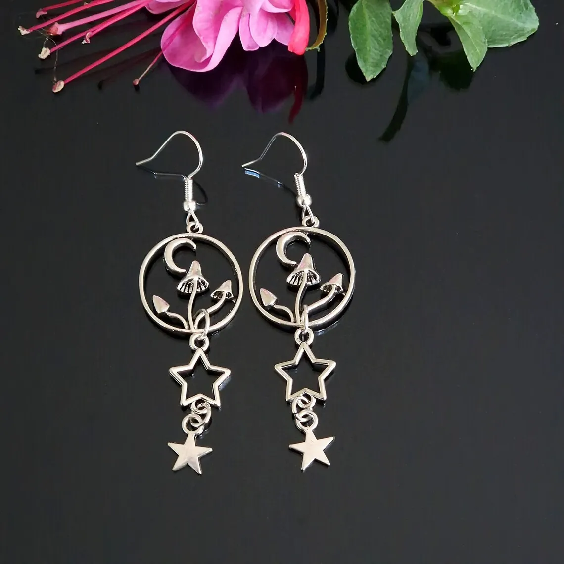 Crescent Moon Round Mushroom Toad Earrings Forest Funky Cool Antique Silver Toad Mushroom Moon Pendant Earrings
