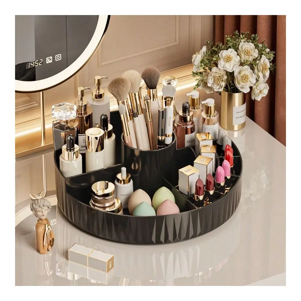 1pc Large 360° Rotating Plastic Cosmetic Storage Box, Cream White Diamond Texture, Multi-Compartment Makeup Organizer