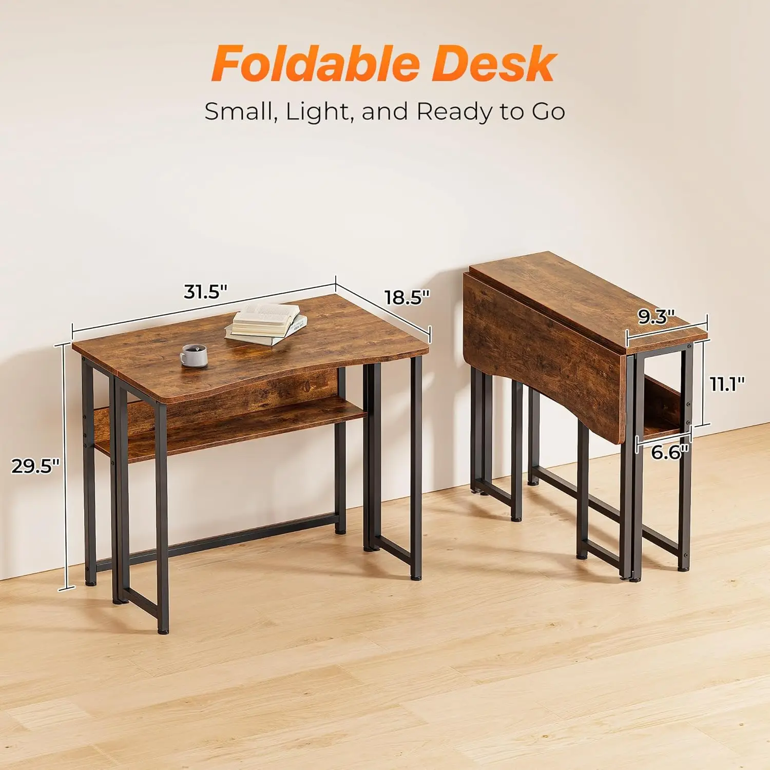 31.5 Inch Foldable Computer Desk with Storage Shelf, Space Saving Office Table for Small Spaces, Rustic Brown