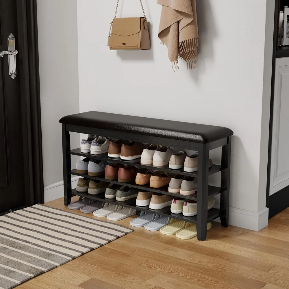 مقعد أحذية مع وسادة جلدية، مقعد تخزين أحذية من 3 طبقات قابل للتعديل، مقعد مدخل من خشب الجوز للممر وغرفة الطين