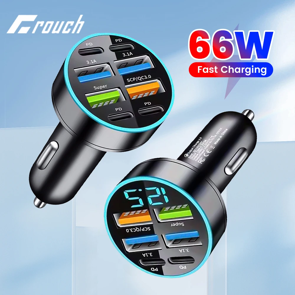 66W Car Charger PD Fast Charging QC3.0 Digital Display USB Type C Car Phone Charger Adapter For iPhone Samsung Huawei Xiaomi