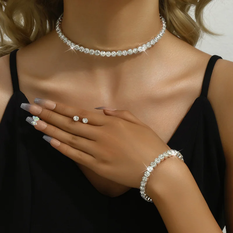

Cross-Border European and American Style Diamond-Studded Necklace Earrings Three-Piece Set Niche Design Collarbone Bracelet Vers