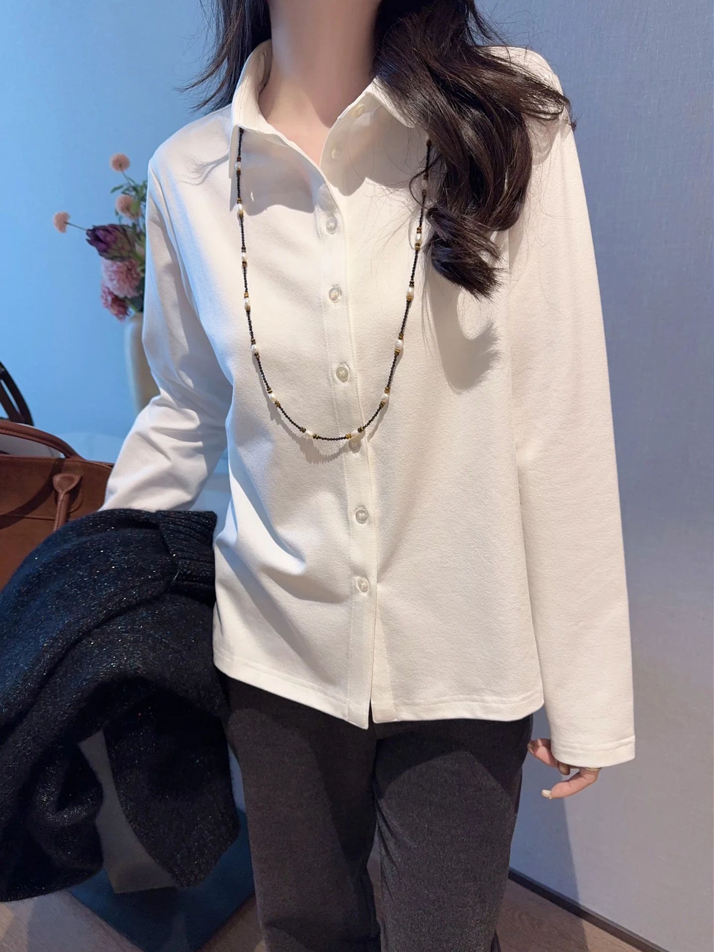 

Long Sve White irt Women's Acetate Cotton Versatile Sle Commute Spring Autumn Base Layer Top Simple Design Breathable