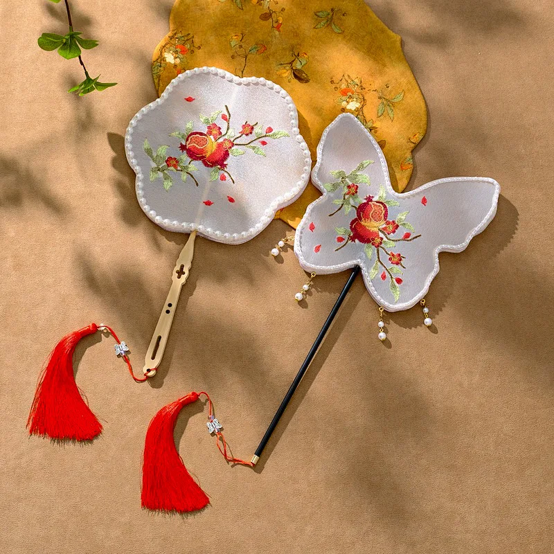 Embroidered Pomegranate Round Fan Traditional Hanfu Dance Photography Props Handheld Outdoor Snapshots Round Fan for Shows