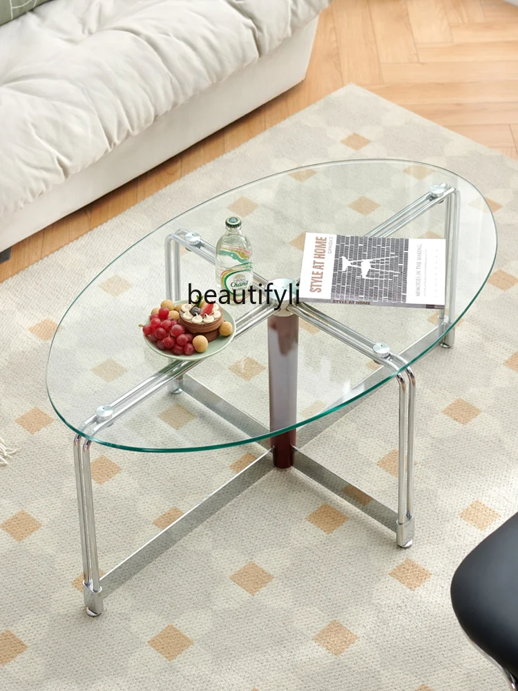 

Nordic Vintage Tempered Glass Combined with Stainless Steel Coffee Table Tea Table Living Room Oval