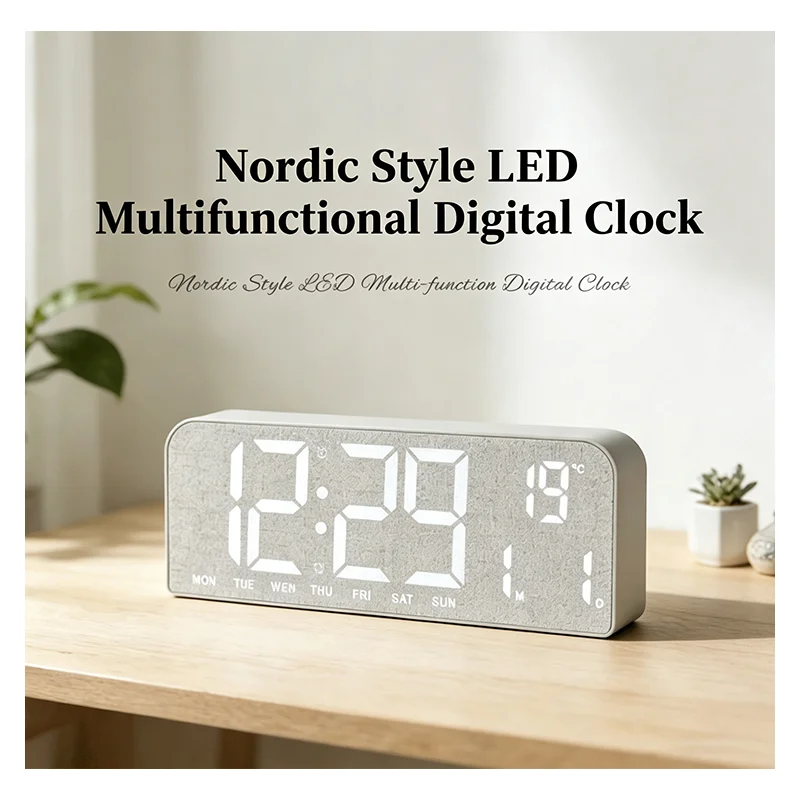 Wooden Digital Alarm Clock with Temperature Date Week Dual Alarm LED Desk Clocks for Office Bedside Clock Hanging Standing