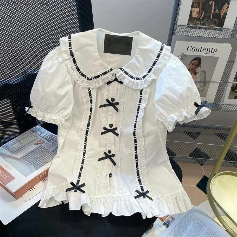 2025 Japanese Gothic Lolita Style Shirts Women Sweet Ruffles Bow Peter Pan Collar Short Sleeve Blouses Harajuku Y2k Slim JK Tops
