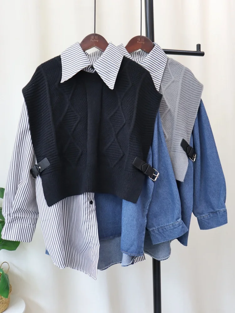 Women 2 Pcs Set Pu Buckle Knitted Shawl Vest Cardigan Stripes Spliced Denim Shirt Suits Spring Autumn New Fashion Shirt