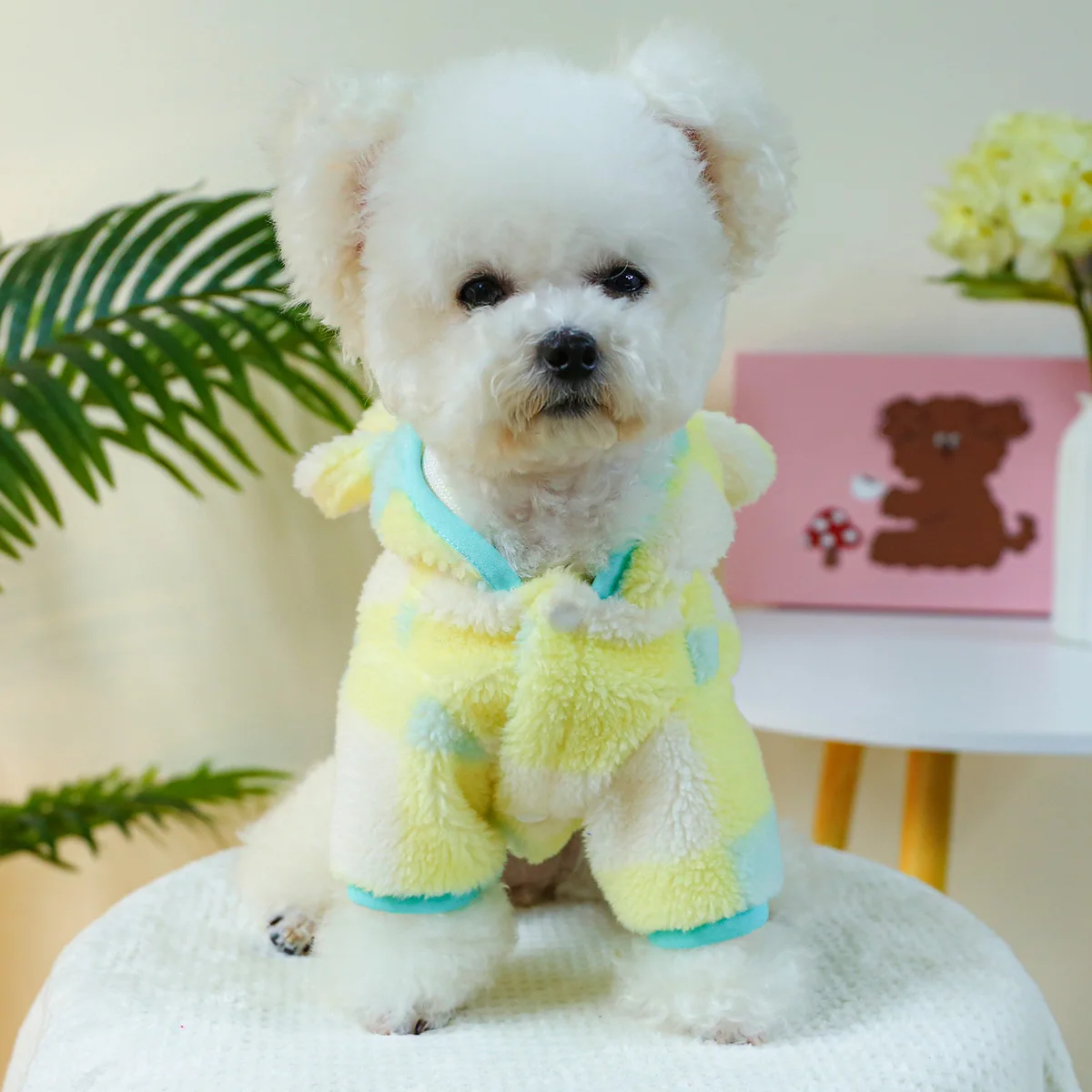 1PC Pet Clothing Autumn Winter Thickened Warm Yellow Checkered Bear Head Hat Coat With Drawstring Buckle For Small Medium Dogs