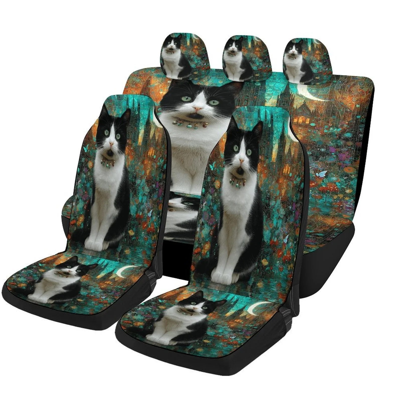 Juego de fundas para asientos de coche con diseño de paisaje urbano y luna de gato para la mayoría de los coches, fundas protectoras para asientos de coche modernas y novedosas, juego completo, fundas para asientos de coche
