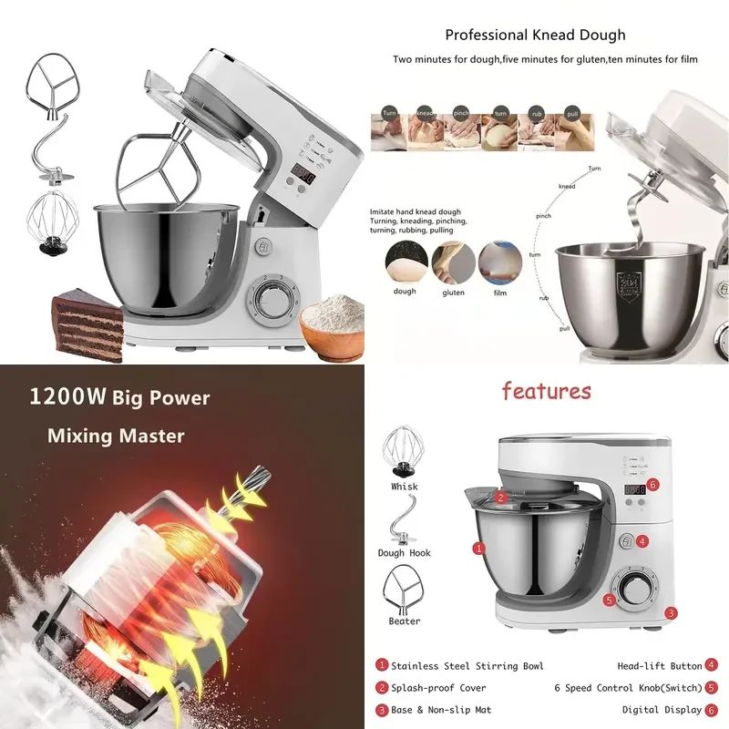 5L Vertical Food Mixer 1400W Planetary Dough Mixer 6 Speed Electric Kitchen Mixer Stainless Steel Bowl for Cakes and Breads