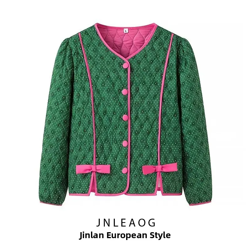 Fashionable  Knot Sakura Print Cotton Jacket Street Style Straight Cut Long Sleeve Zipper Closure round Neck Coat