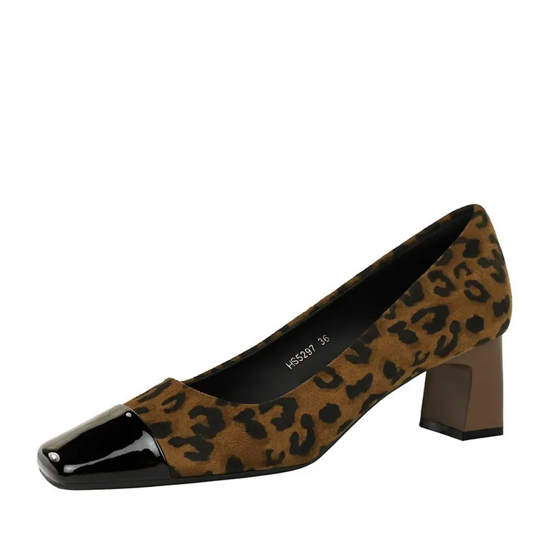 TRAF, zapatos de tacón con pezuña de terciopelo con estampado de leopardo, sandalias de tacón cuadrado con punta redonda para mujer, zapatos elegantes y elegantes con cabeza cerrada para oficina para mujer