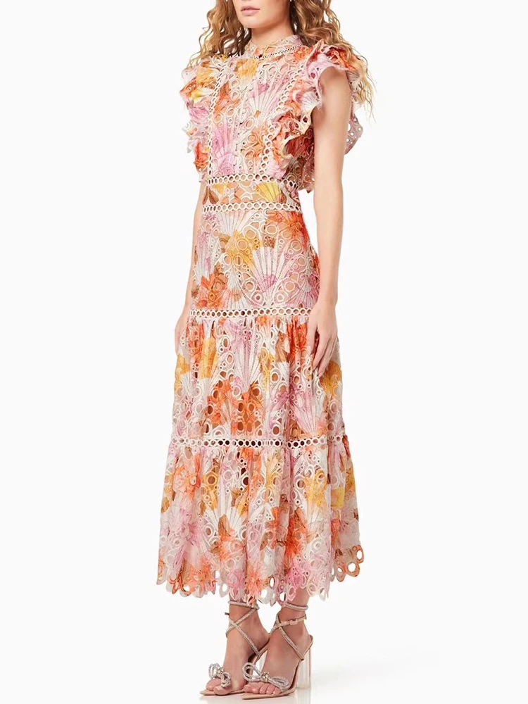 VGH Hit Color Hollow Out Slim Elegant Dress For Women Round Neck Flying Sleeve High Waist Patchwork Zipper Folds Dresses Female