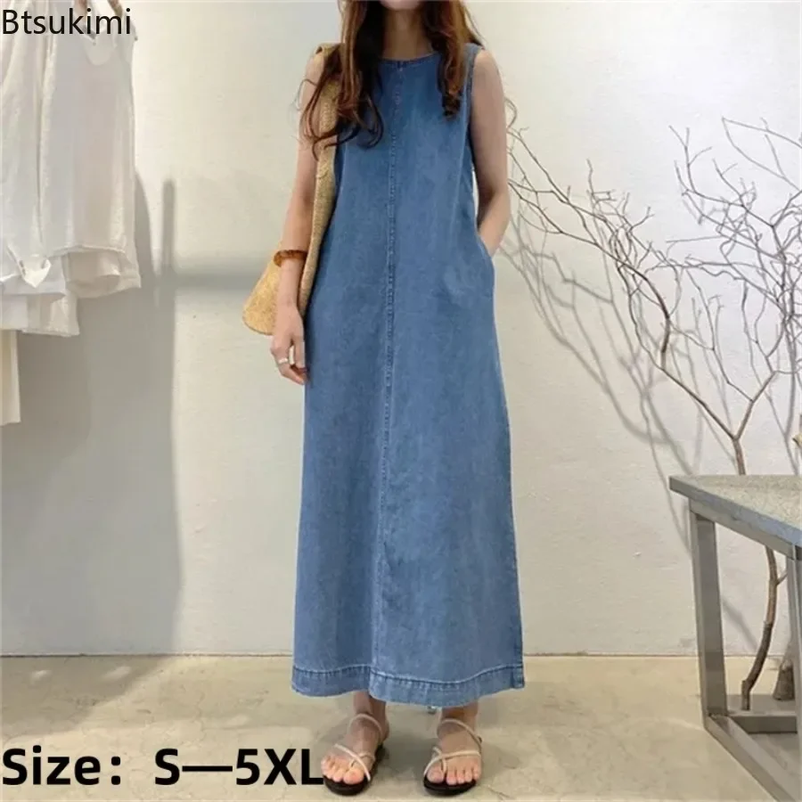 2024 Women's Summer Sleeveless Jeans Dress Simple Style Solid Elegant Dress Robe Female Pocket Design Commuter Gown Dress 5XL