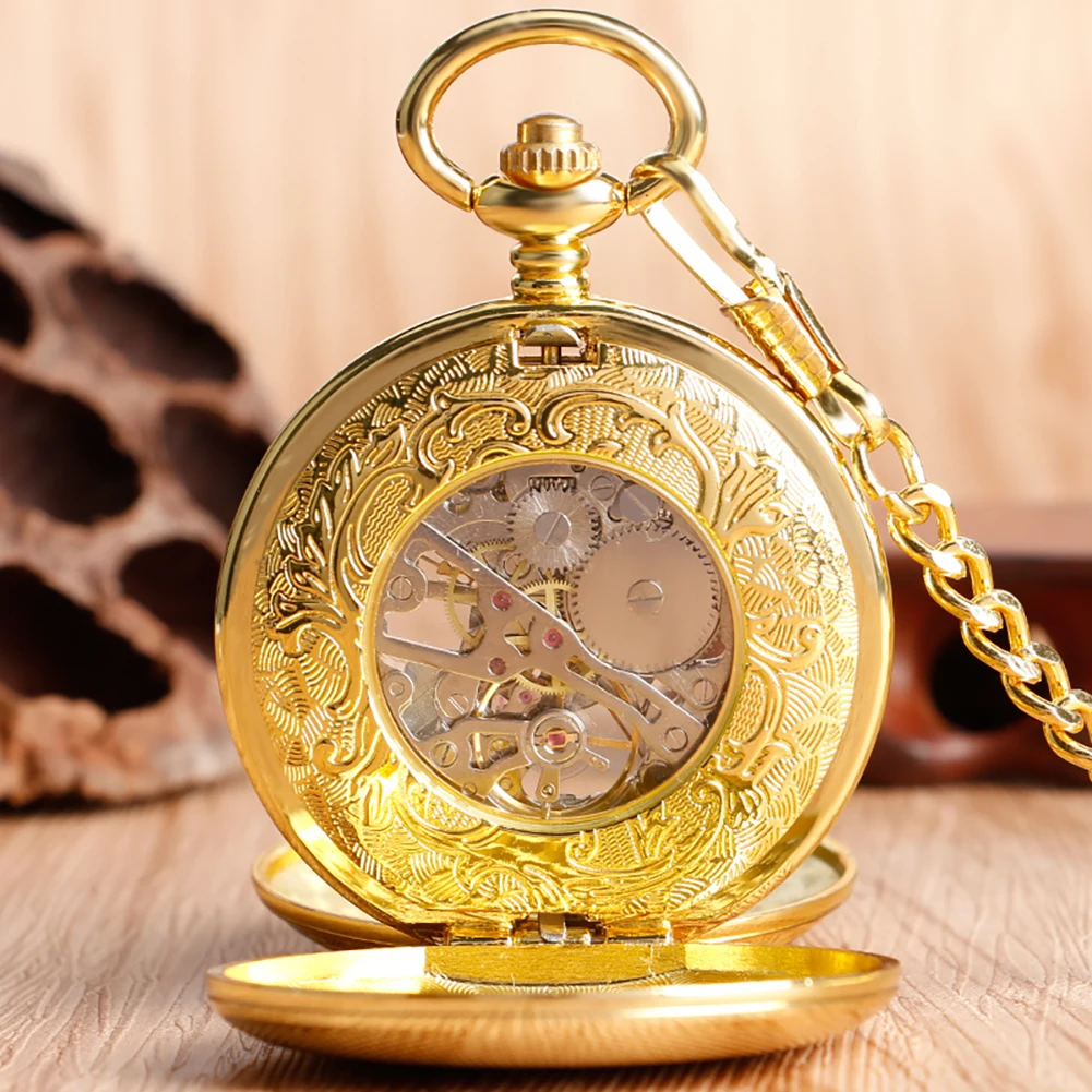 الرجعية الأزرق الأرقام العربية الهاتفي الرجال دليل الميكانيكية ساعة الجيب الذهبي فوب سلسلة Steampunk ساعة الجيب هدية الذكور