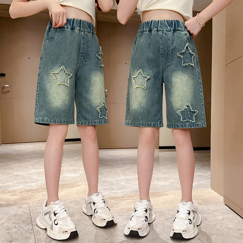 

Kids Child Vintage Blue Knee Length Denim Shorts With Star Pattern for Teenage Girl Fashion Casual Mid-Calf Jeans Capris Pants