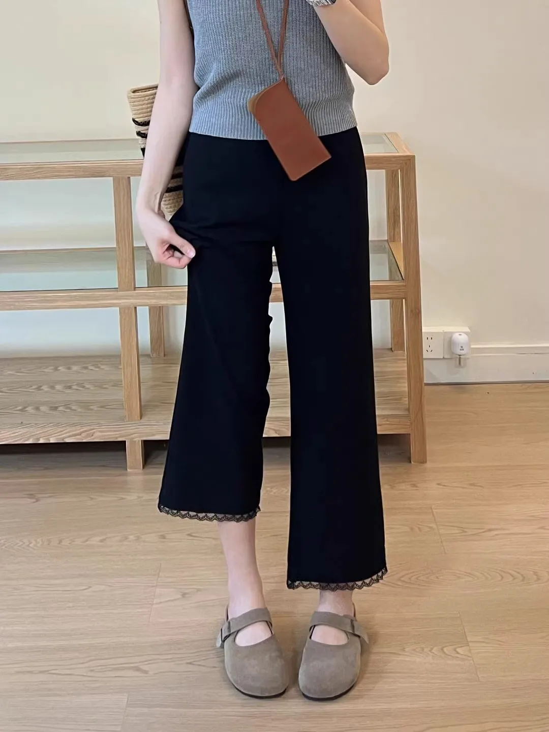

Black Lace Splice Micro Flared Casual Pants Women's High Waist Wide Leg Trousers Spring New plus Size Elastic Nine Points
