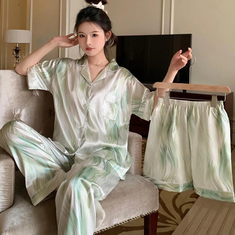 Women's Pajamas Gradual Change Streamer Green High Quality Short-sleeved Three-piece Set Comfortable Loungewear Satin Silk Pjs