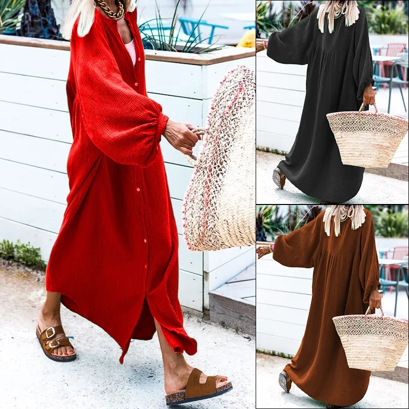 

Autumn Winter Women Loose Bohemian Dress Y2K Clothes Long Sleeve ONeck Single Breasted Open Front Vacation Long Dress Streetwear