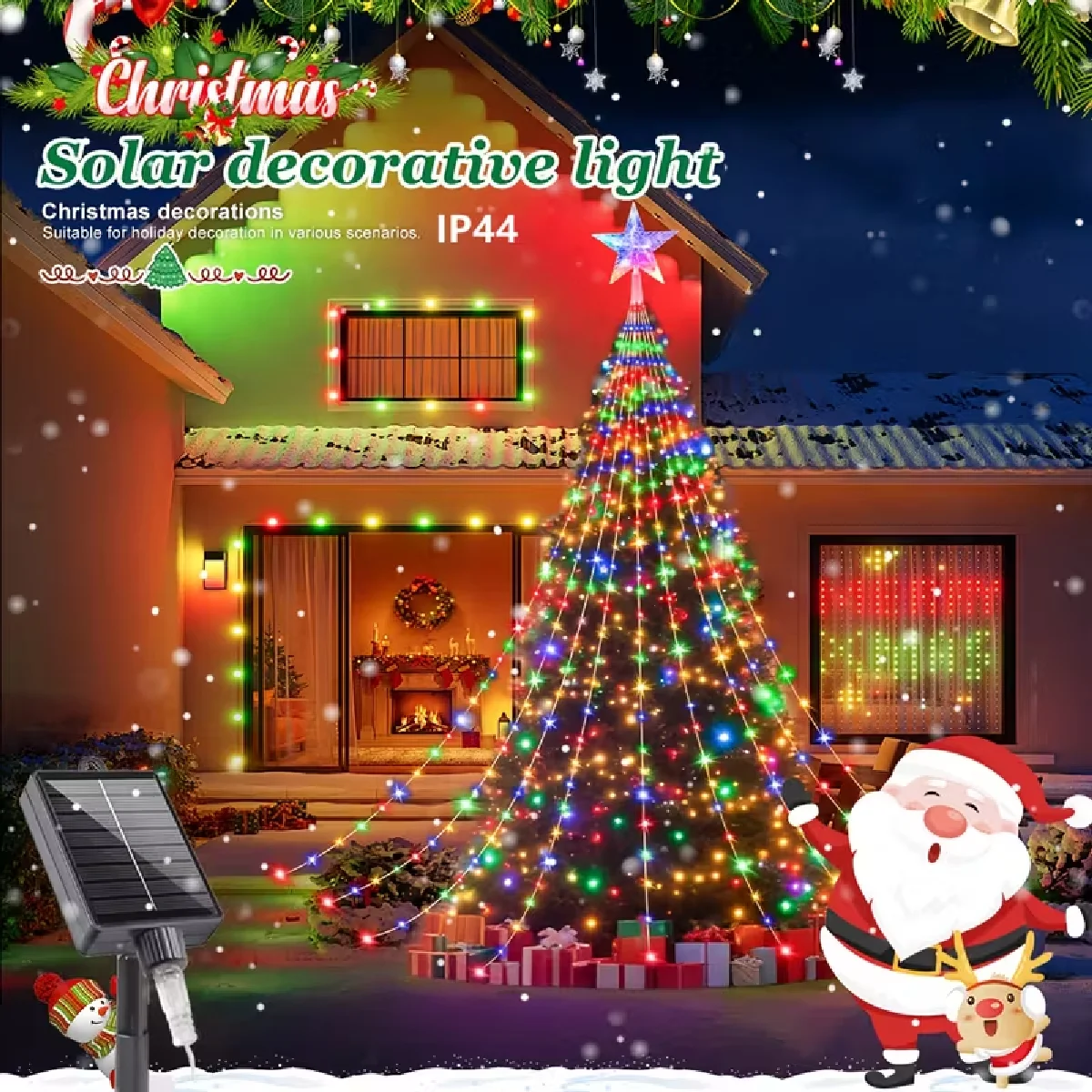 Solar Powered Decorative Star Waterfall Lights 8 Modes IP67 Waterproof Outdoor Party Ambient String Lights Xmas Tree Decor