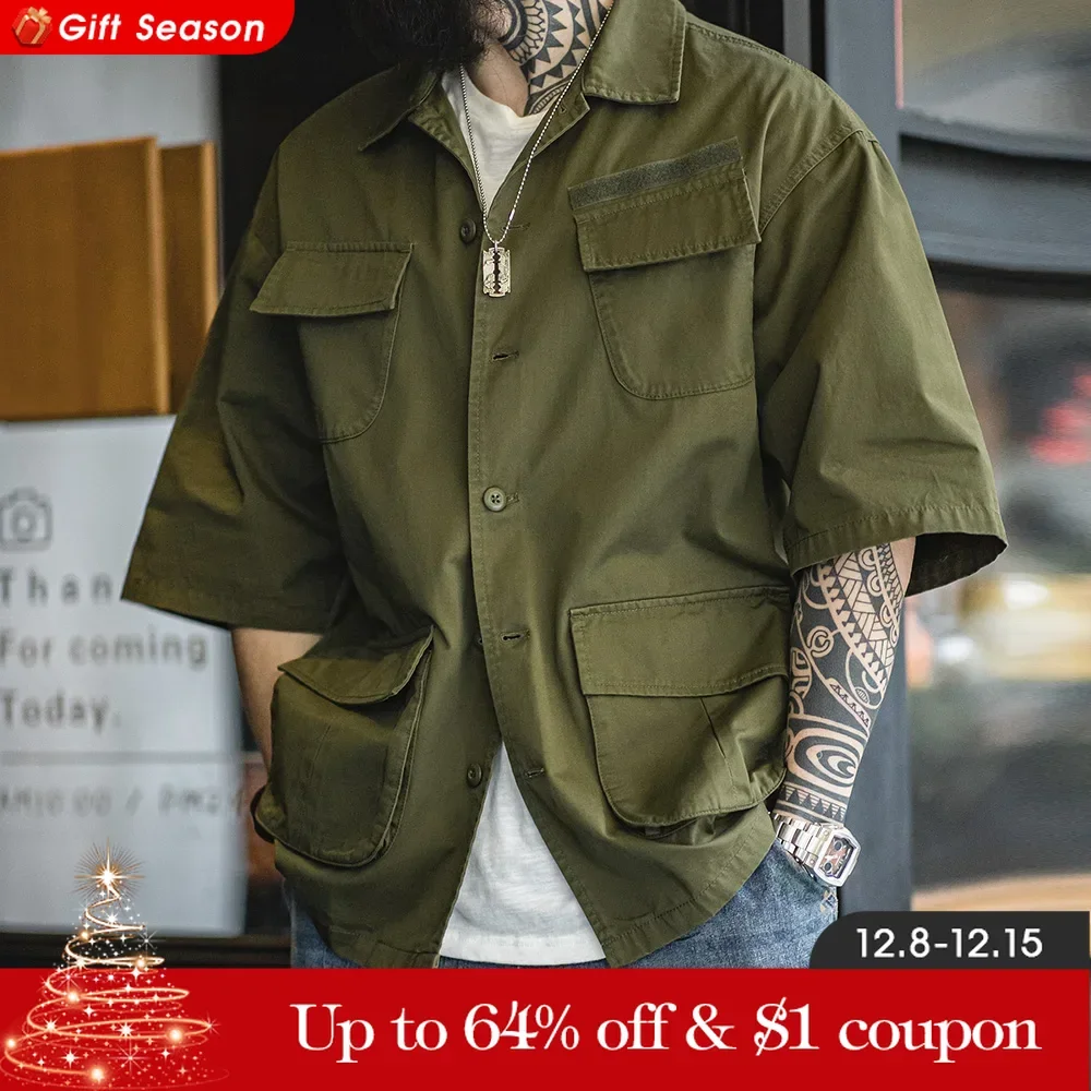 Maden Men Summer Vintage M42 Four Pocket Short Sleeve Shirts Cotton Green Loose Turn-down Collar Shirt Workwear Tops Male XL XXL