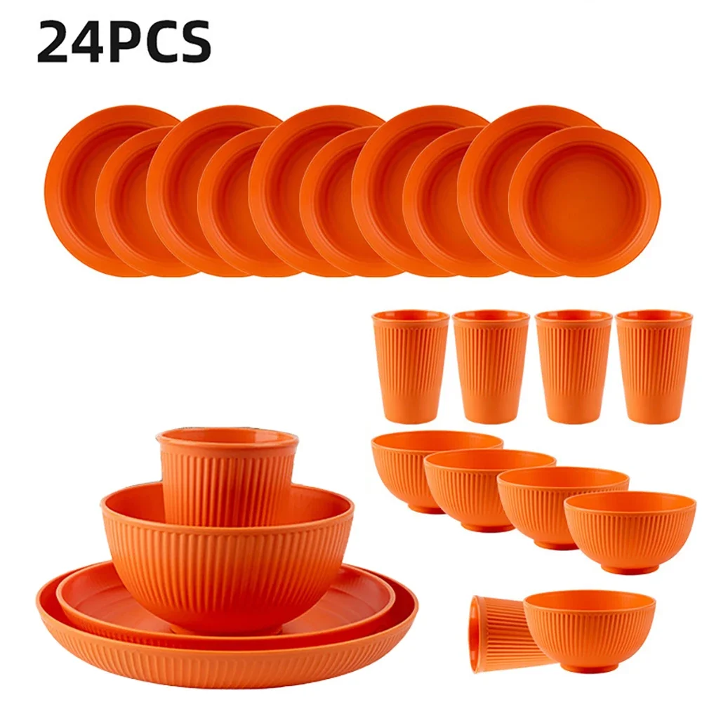 

Набор многоразовой пластиковой посуды, 24 шт., многоразовая чашка, набор тарелок и мисок, подходит для кемпера, кемпинга, пикника, общежития