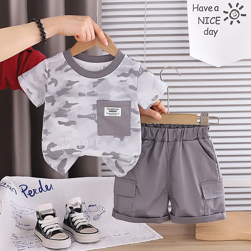 2026 Summer Toddler Baby Boy 2pcs Clothes Set Kids Camouflage Short Sleeve T-shirt + Shorts Outfit Children Casual Clothing 1-5Y