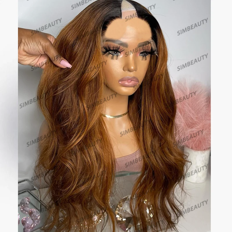 Ombre Dark Roots Golden Brown Body Wave Human Hair Wigs for Black Women Glueless Long Copper Brown Wavy 1x4 Middle V Part Wigs