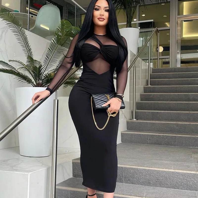 

Black Prom Dress Sexy See Through Sheer Full Sleeves Sheath Long Formal Wedding Guest Robes Party Bridal Gown