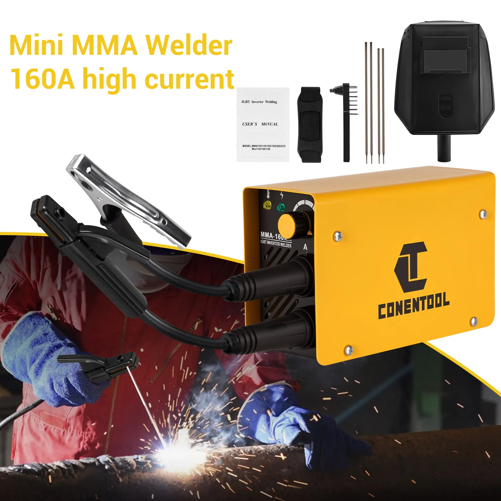 CONENTOOL 2 In 1 Portable ARC Welder MMA-160A 220V Stick Welding Machine IGBT Inverter with Welding Mask Professional Tool