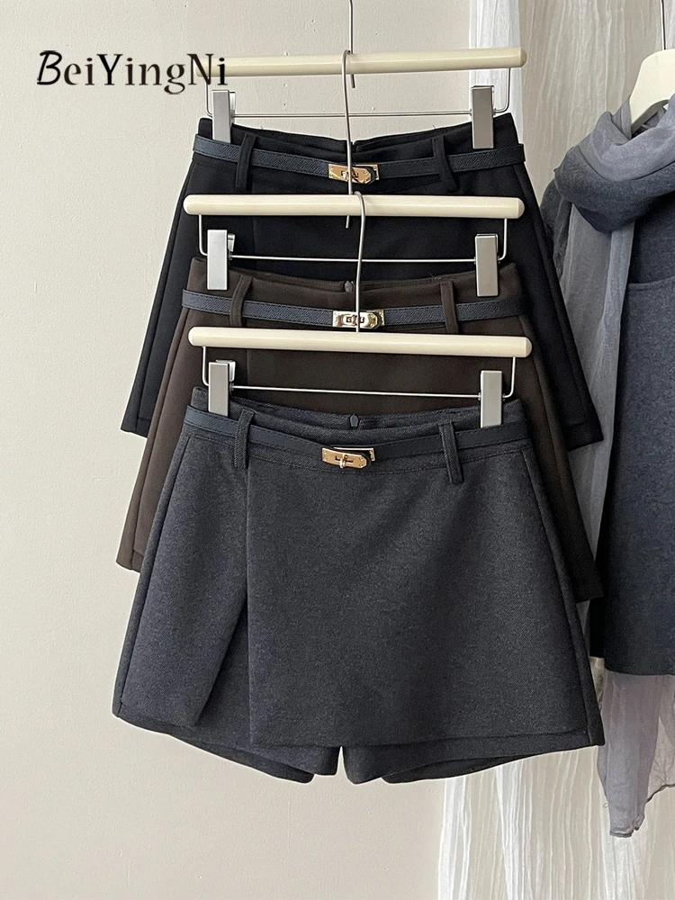 Beiyingni Korean Sexy Shorts Skirts Women Split Elegant Slim High Waist Mini Skirt With Belt Office Ladies Woolen Black Faldas