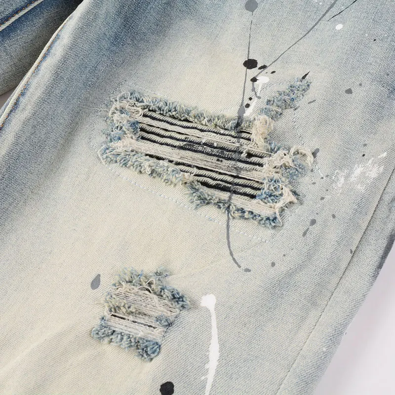 

Новые модные мужские джинсы с перфорированными нашивками, стираные, ностальгические, эластичные, приталенного кроя, голубые джинсы, брендовые брюки в стиле хип-хоп.