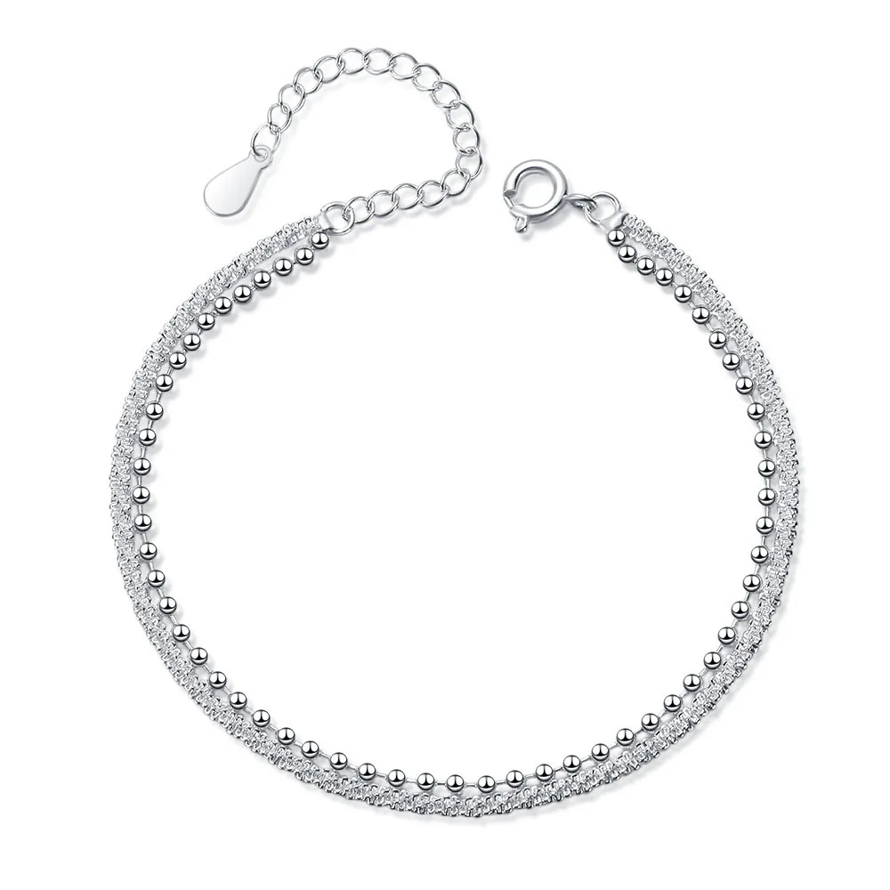 S925 Stamp Silver Color Double Layer Twist Rotation Bracelet Female Interval Round Beads Bracelets Korean Fresh Jewelry Gifts