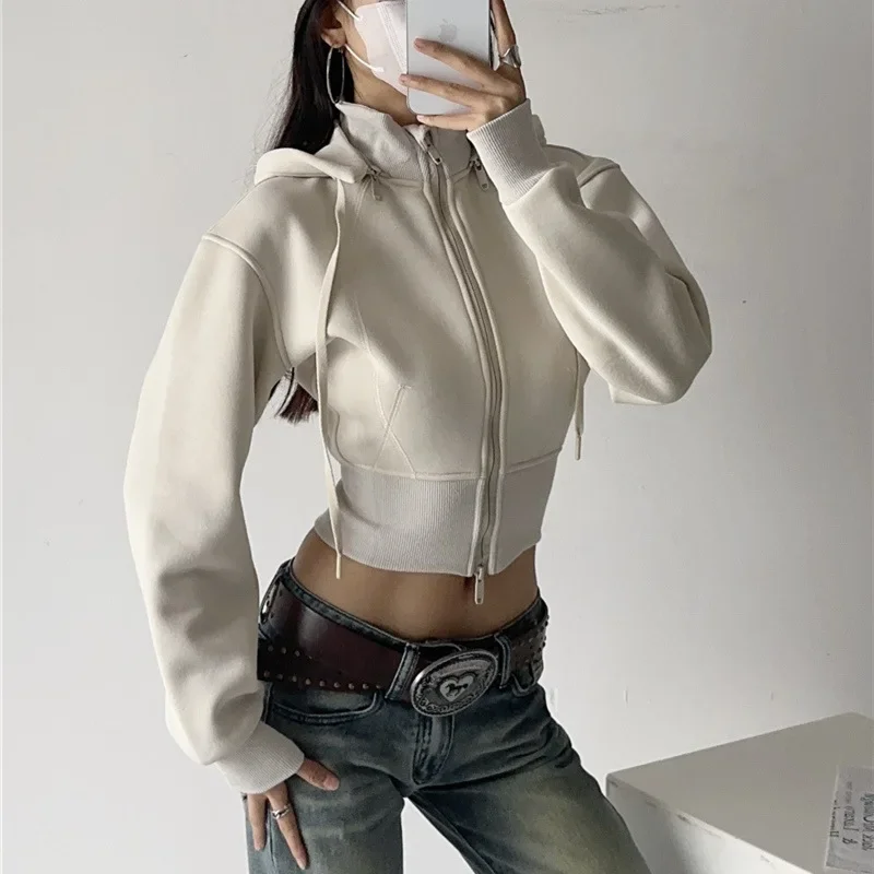 Women Crop Hoodie Sweatshirts Fashion Solid Color Detachable Hoodies Slim Waist Zipper Jackets Korean Casual Vintage Sweatshirts